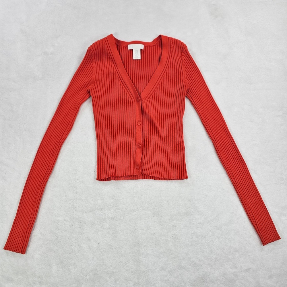 HM Red Ribbed Knit V-Neck Cardigan Sweater Extra Long Sleeve Crop XS 0941759 4